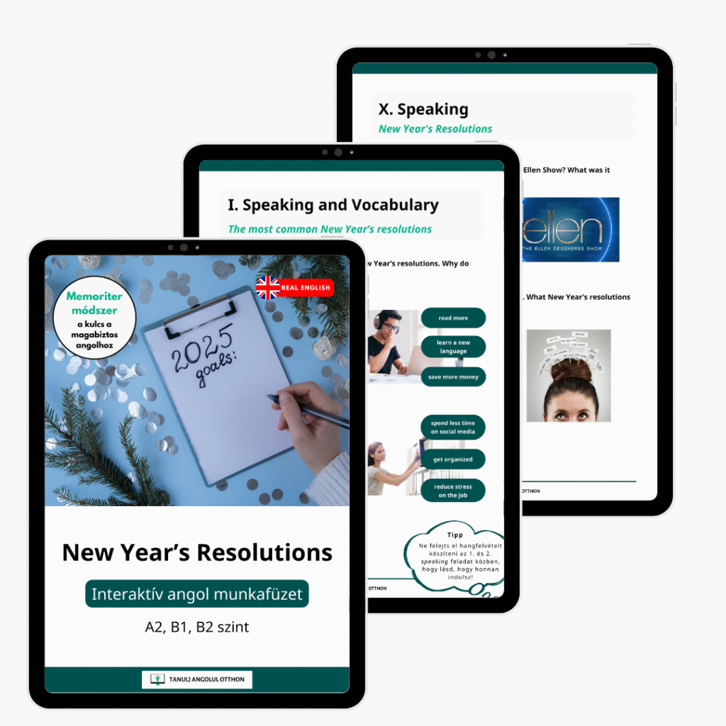 New Year's resolutions interaktív angol munkafüzet újrakezdő felnőtt angoltanulóknak.